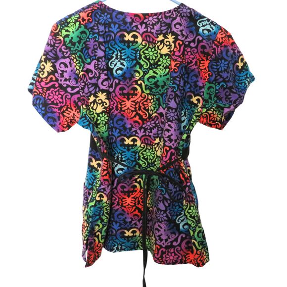 Tafford Colorful Scrub Top Sz XS Square Neckline With 2 Large Pockets, Tie - Picture 7 of 7